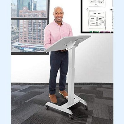 White Adjustable Mobile Podium with Pneumatic Height and Tilt