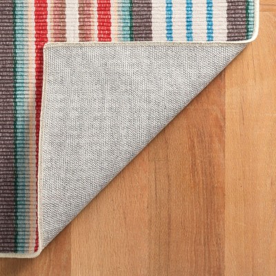 Red and Multicolor Striped Synthetic Washable Rectangular Rug