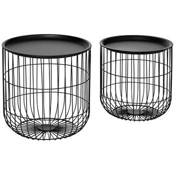 HOMCOM Nesting Tables, Round Coffee Table Set of 2 with Steel Wired Basket Body and Removable Top, Stacking Tables for Living Room, Black