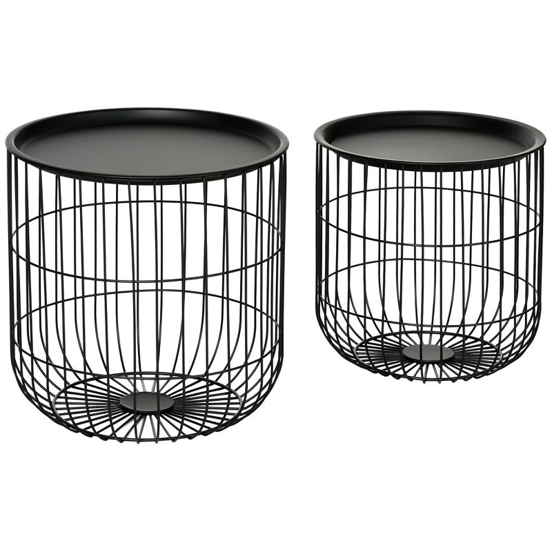 HOMCOM Nesting Tables, Round Coffee Table Set of 2 with Steel Wired Basket Body and Removable Top, Stacking Tables for Living Room, Black, 1 of 7
