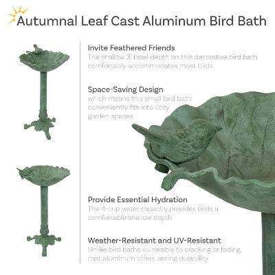 Green Patina Cast Aluminum Leaf Bird Bath with Metal Sculpture