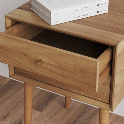 Harper Mid-Century Oak Wood Nightstand with Vintage Brass Hardware