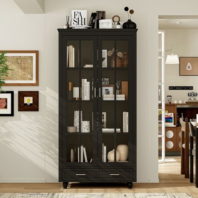 FUFU&GAGA Glass-Door Display Cabinet with Drawer,Buffet Hutch,Home Office Bookshelf ,Adjustable Shelves, Sturdy & Anti-Tip Design