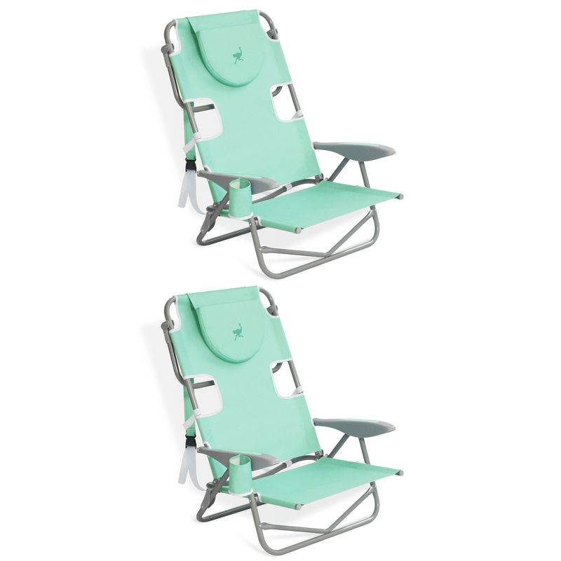 Ostrich Lightweight Portable Outdoor On Your Back Folding Chair for Relaxing with 5 Seat Adjustment Backpack Straps and Cup Holder, Teal (2 Pack), 1 of 7