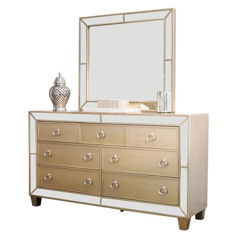 Claudine Mirrored 7 Drawer Dresser Mirror Set Champagne Gold