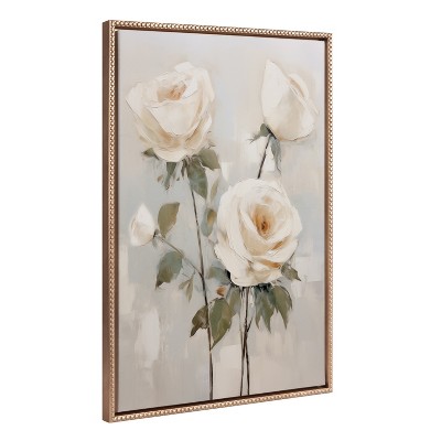 Gold Beaded Frame Soft White Roses Canvas Wall Art 23x33