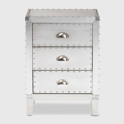 Claude Riveted Silver Metal 3-Drawer Nightstand