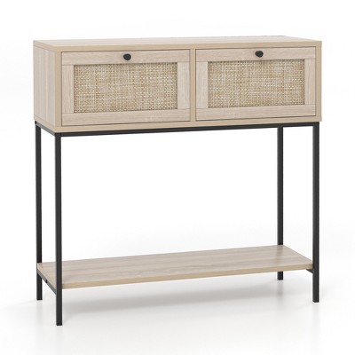 Natural Wood and Rattan Console Table with Metal Frame