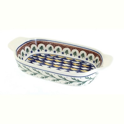 Blue Rose Polish Pottery Evergreen Rectangular Dish with Handles