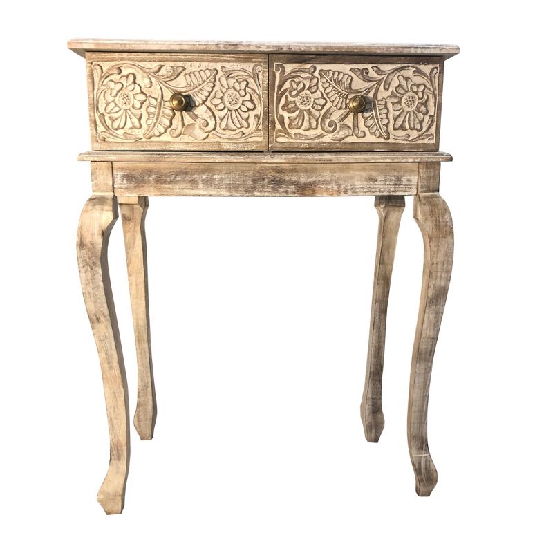 2 Drawer Mango Wood Console Table with Floral Carved Front Brown/White - The Urban Port, 3 of 8