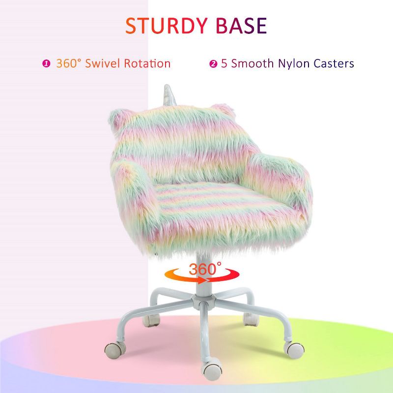 Cute Fluffy Unicorn Office Chair with Mid-Back and Armrest Support, 5 Star Swivel Wheel Girls Study Table, Adjustable Swivel Chair-The Pop Home, 4 of 8