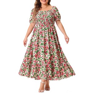 Agnes Orinda Women's Plus Size Floral Short Sleeve Shirred Square Neck Maxi Empire Waist Dresses - 1 of 4
