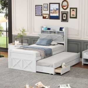 Wooden Trundle Bed with Storage Drawers,USB Charging,Space Saving Kids Furniture-Maison Boucle - 1 of 4