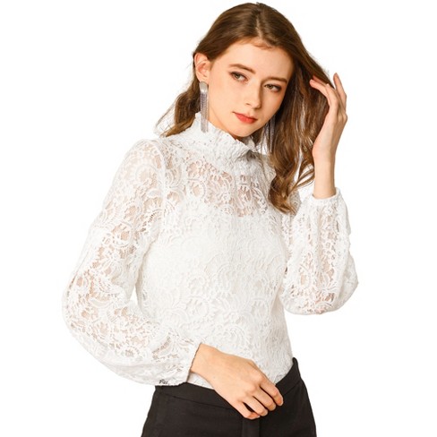 Allegra K Women's See Through Long Sleeve Turtleneck Sheer Floral Lace  Blouse White Large : Target