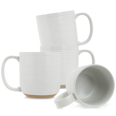 Elanze Designs Ribbed Ceramic Stoneware 16 ounce Raw Clay Bottom Coffee Mugs Set of 4, White