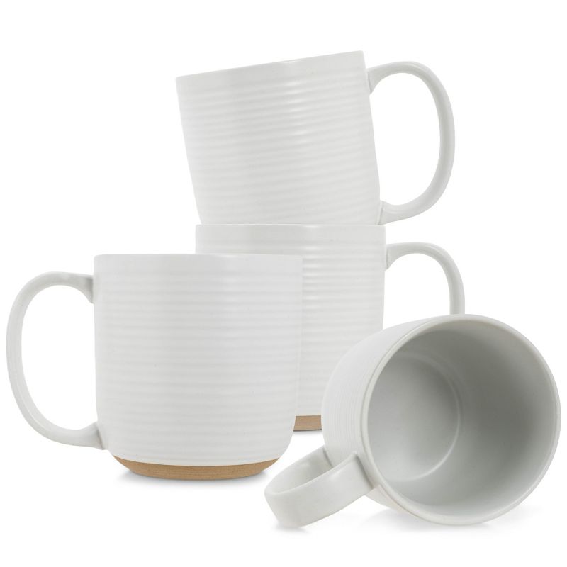 Elanze Designs Ribbed Ceramic Stoneware 16 ounce Raw Clay Bottom Coffee Mugs Set of 4, White, 1 of 6