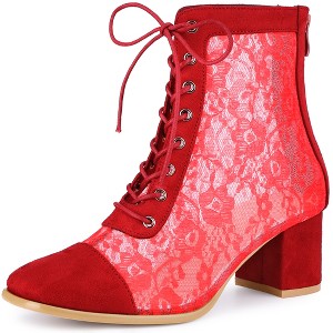Perphy Women's Square Toe Lace Up Flowers Lace Block Heels Ankle Boots - 1 of 3