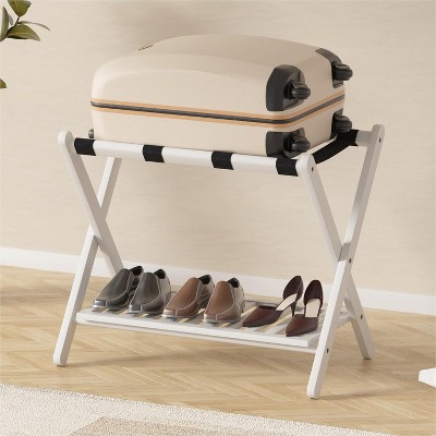 Heybly Luggage Rack Bamboo Folding Suitcase Stand with storage shelf