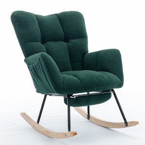 AENKYO 300LB Capacity Soft Teddy Fabric Rocking Chair w/Pocket - Ergonomic Nursery Glider, Solid Wood Base with Footrest for Living Room & Bedroom - 1 of 4