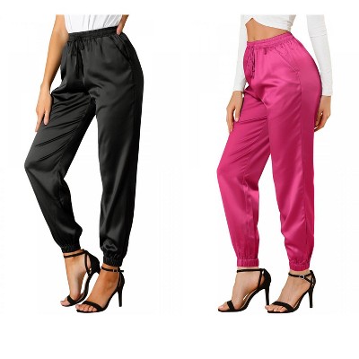 Allegra K Women's Drawstring Elastic Waist Ankle Length Satin Joggers with Pocket 2 Pcs