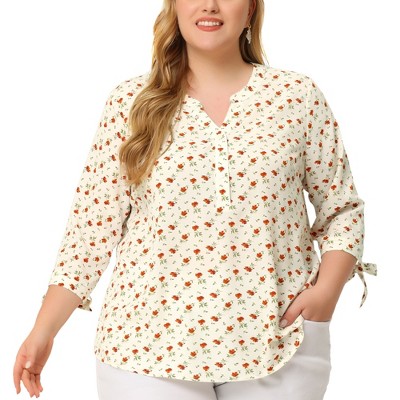 Agnes Orinda Women's Plus Size Shirt Floral Botton Up Tie 3/4 Sleeve Tunic V Neck Blouse