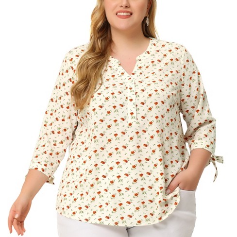 Agnes Orinda Women's Plus Size Shirt Floral Botton Up Tie 3/4 Sleeve Tunic  V Neck Blouse White 4x : Target