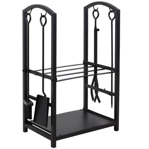 Sunnydaze 5pc Indoor/Outdoor Steel Log Holder with Fireplace Tool Set, Tongs, Poker, Shovel and Brush - Black - 1 of 4