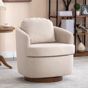 Oversized Swivel Barrel Chair, Linen Accent Armchair with Solid Wood Base for Living Room – Maison Boucle - 1 of 4