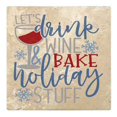 Christmas by Krebs Set of 4 Ivory and Blue "LET'S drink WINE and BAKE holiday STUFF" Square Coasters 4"