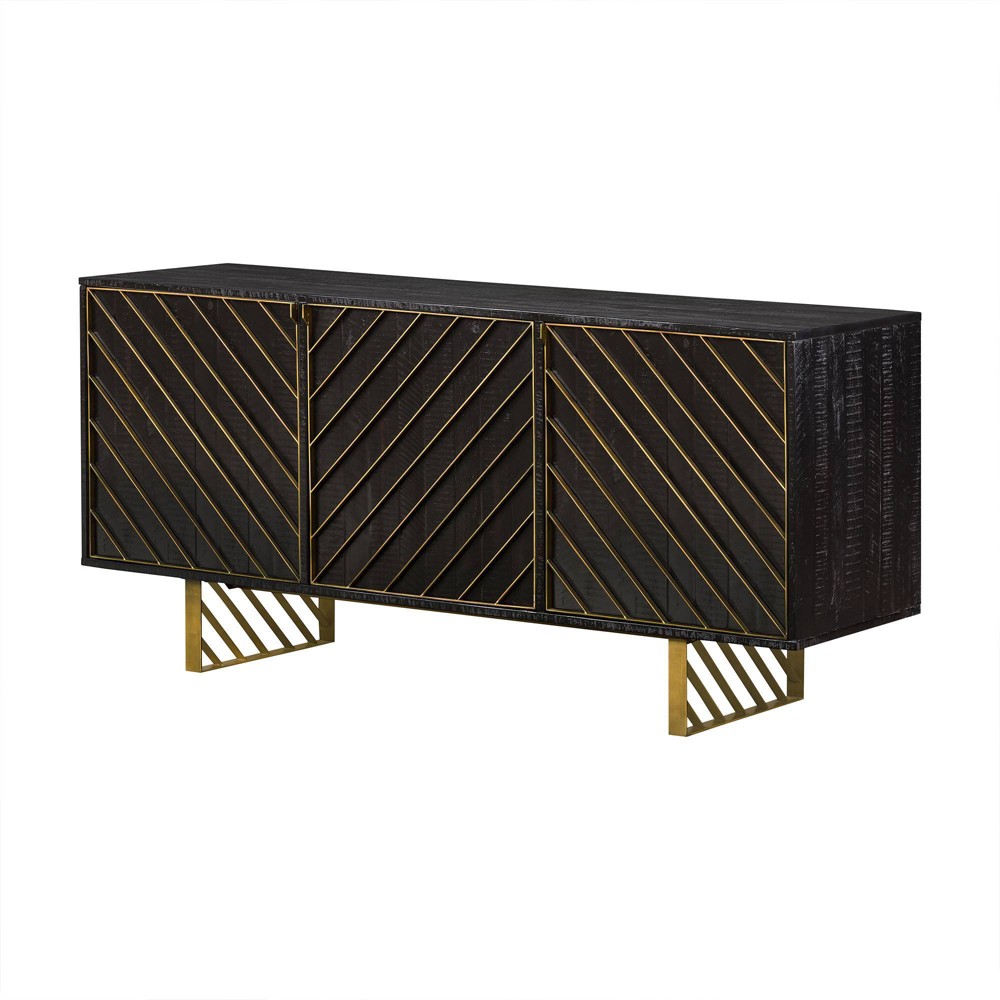 Armen Living Monaco Rectangular Sideboard Black Wood/Antiqued Brass: Mid-Century Buffet Server, 6 Shelves, 3 Doors