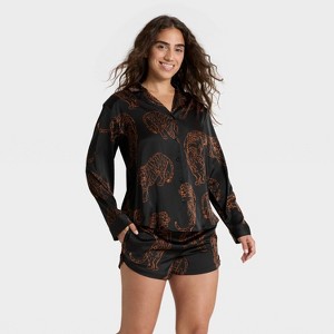 Women's Satin Notch Collar Long Sleeve Shirt and Shorts Pajama Set - Auden™ - 1 of 4