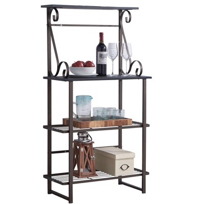Pewter and Black Metal Baker's Rack with Wood Shelves