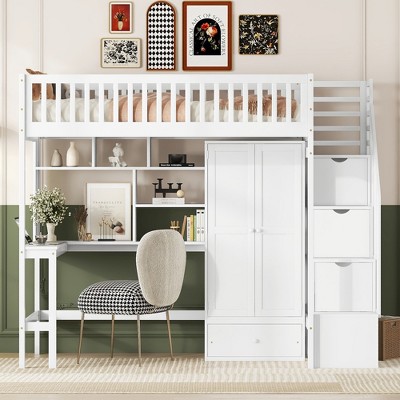 TiramisuBest Twin Loft Bed with Stairs & Built-In Storage (Bookshelf/Drawers/Desk/Wardrobe), Space-Saving for Kids/Teens (Gray)