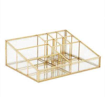 Gold Trim Glass Makeup Organizer with 10 Compartments