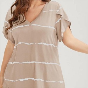 Coolmee Women’s Plus Size Tops Summer Basic V Neck Striped T Shirts Ruffle Short Sleeve Casual Loose Fit Cute Tee Clothes Fashion Outfits 5XL Khaki - 1 of 3