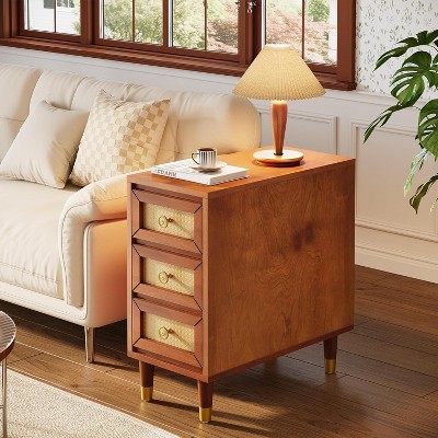 Tribesigns End Table with 3 Drawers, Solid Wood Sofa Side Table with Rattan Front, Narrow Nightstand for Living Room, Bedroom, Brown