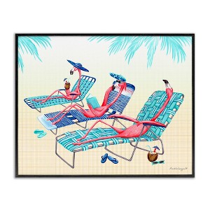 Stupell Industries Pink Flamingos Lounging Beach Chairs Tropical Scene Black Framed Giclee Art - 1 of 4