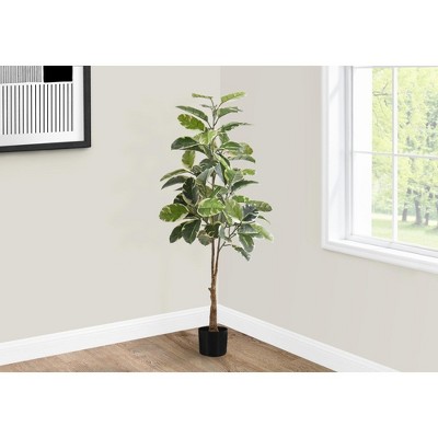 Monarch Specialties Artificial Plant 52 inch Tall Rubber Tree Indoor Faux Fake Floor Greenery Potted Real Touch Decorative Green Leaves Black Pot