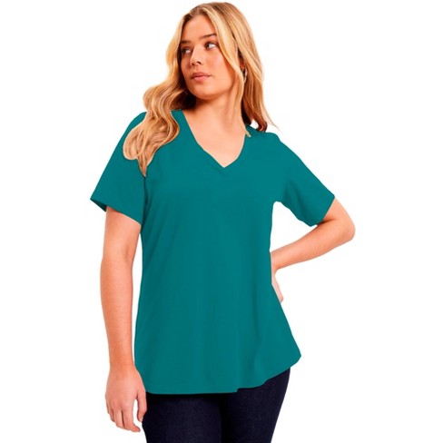 June + Vie By Roaman's Women's Plus Size Short-sleeve V-neck One + Only Tee  - 18/20, Green : Target