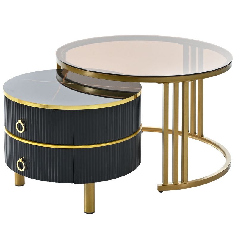 2-Piece Set Stackable Coffee Table with 2 Drawers, Nesting Tables with Tempered Glass and High Gloss Marble Tabletop 4A - ModernLuxe, 5 of 14