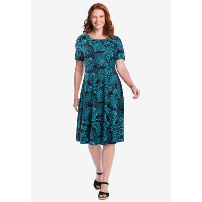 Woman Within Women's Plus Size Short Sleeve Fit & Flare Dress - 38/40,  Black Festive Floral : Target