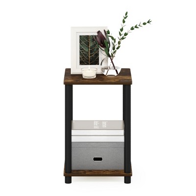 Compact Amber Pine & Black Square End Table with Shelf