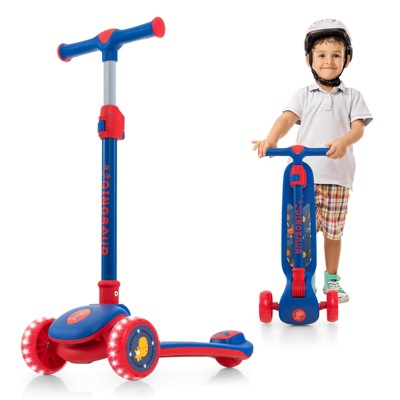 Infans Kick Scooter, Folding Lightweight Toddler Scooter w/LED Lighted Wheels, Adjustable Handlebar, Extra Wide Deck & Rear Brake, Blue + Red