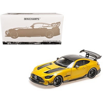 2021 Mercedes-Benz AMG GT Black Series Solarbeam Yellow Metallic with Black Top and Hood 1/18 Diecast Model Car by Minichamps