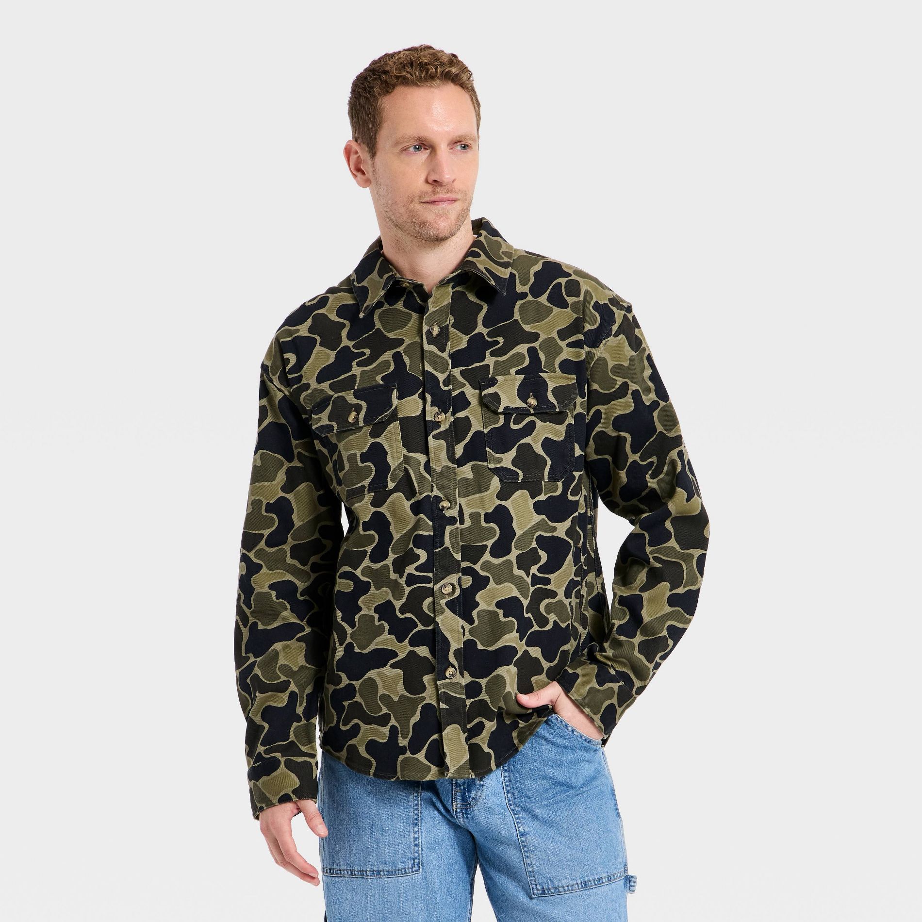 Men's Camo Print Vintage Utility Shirt - Goodfellow & Co™ Olive Green