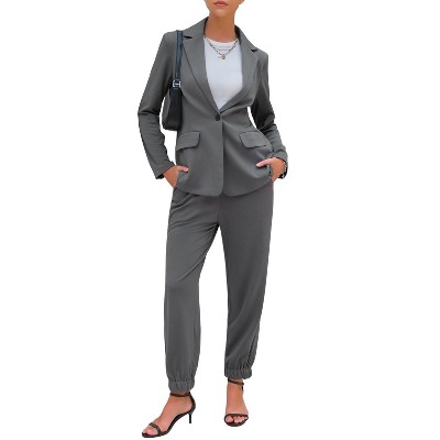 EXLURA Women's Business One Button Blazer Jacket High Elastic Waist Pant Suit Set Casual Loose 2 Piece Suits Office Work
