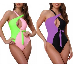 INSPIRE CHIC Women's Criss Cross Color Block O Ring Side Tie Strappy Swimwear Monokini Suit 2 Sets - 1 of 4