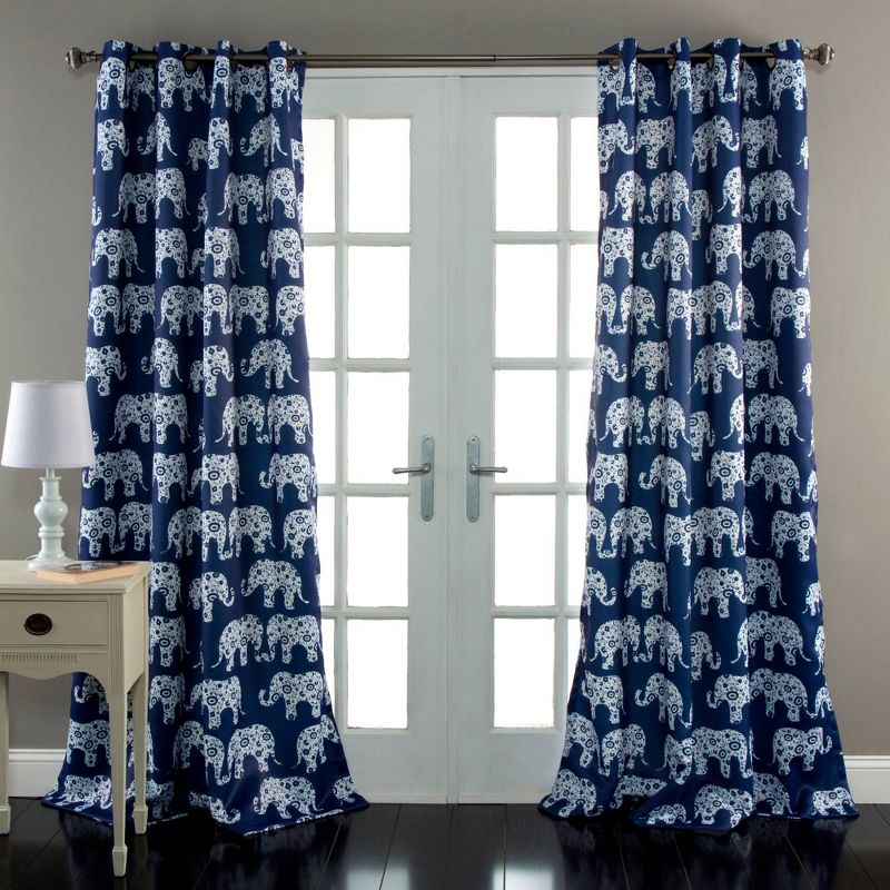 2pk 52&#34;x84&#34; Light Filtering Elephant Parade Curtain Panels Navy - Lush D&#233;cor, 1 of 10