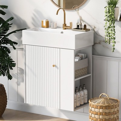 21.6 Inch Modern Floating Bathroom Vanity With Ceramic Basin, Storage Space Modern Wooden Bathroom Vanity