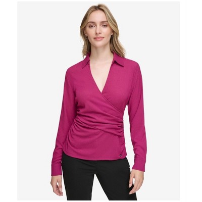 Calvin Klein Womens Long Sleeve Faux Wrap Knit Blouse